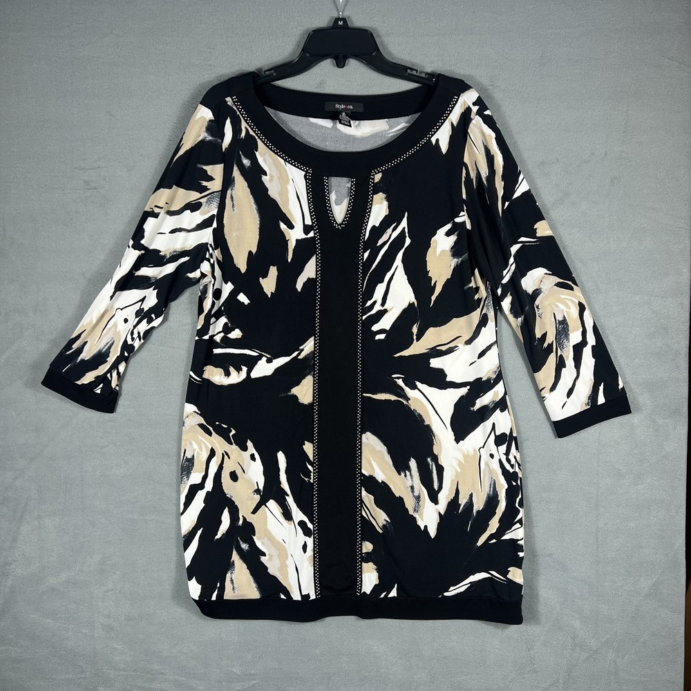 Style & co. Women's XL Black Tan White Abstract Print Studded Tunic Dress